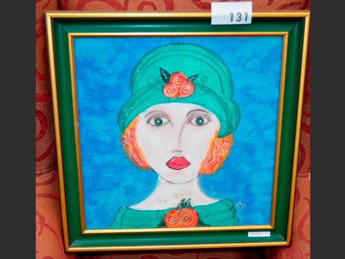 GILT FRAMED MIXED MEDIA ON FABRIC "PORTRAIT OF A LADY", 60cm Diameter