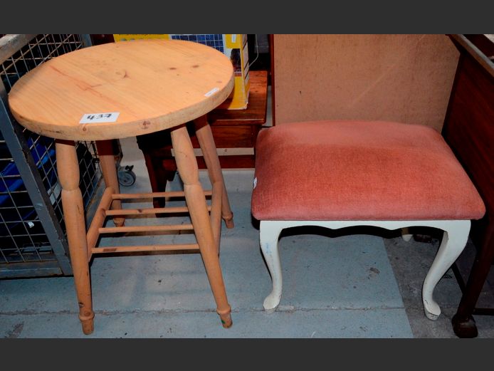 PINE CIRCULAR DRAPE TABLE, 51cm Diameter x 67cm High & A DRESSING TABLE STOOL WITH DUSTY PINK UPHOLSTERED SEAT, 53 x 40 x 45cm [26,30]