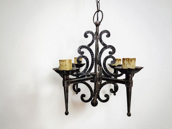 Vintage Hand-Forged Wrought Iron 4-Light Chandelier