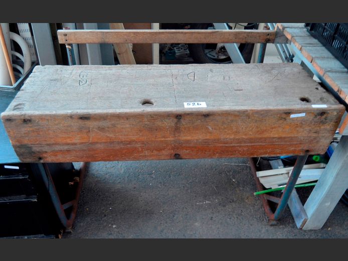 VINTAGE OAK & METAL 2-SEATER SCHOOL DESK, 107 x 74 x 78cm