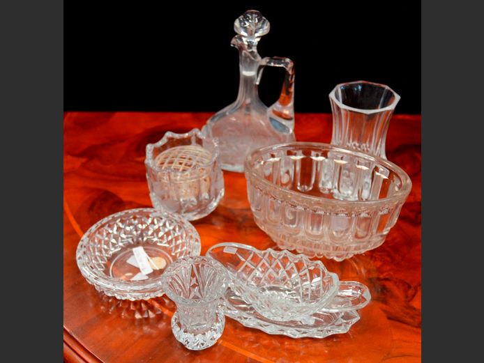 CUT GLASS: DECANTER WITH STOPPER, GRAVY BOAT, BUD VASES, etc