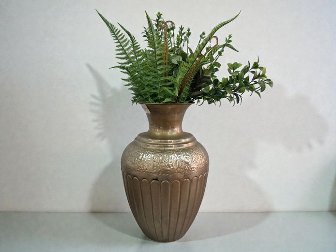 Vintage Indian Repoussé Metal Vase with Floral Chasing