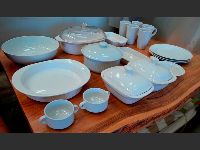 WHITE CERAMIC CASSEROLE WITH LID, SALAD BOWL, OVEN DISH, PLATES, etc