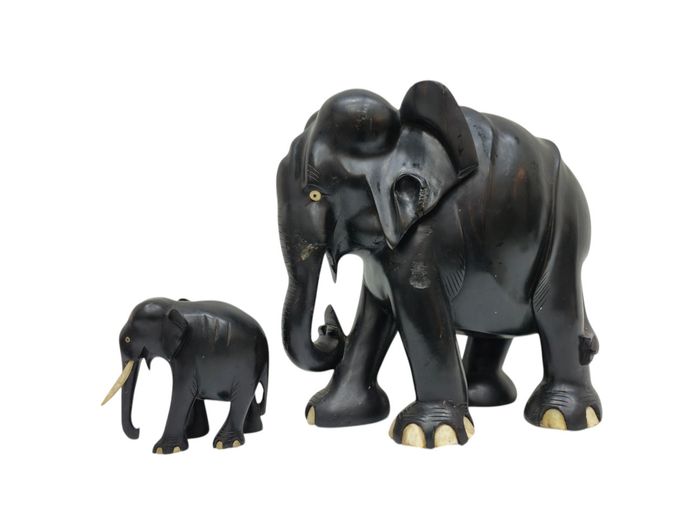 Vintage Hand-Carved Ebony Wood Elephant Figures - Pair