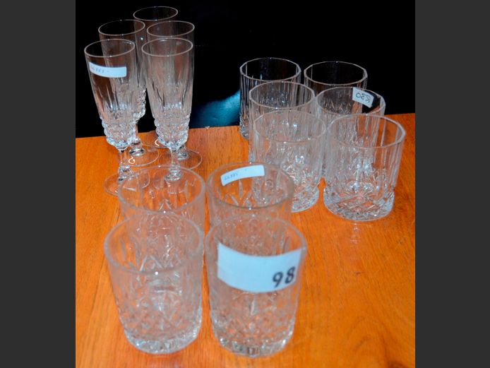 LEAD CRYSTAL SET OF 5 CHAMPAGNE FLUTES, SET OF 6 WHISKY TUMBLERS, etc