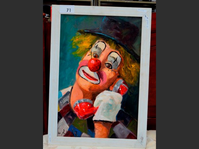FRAMED OIL ON BOARD "PORTRAIT OF A CLOWN" SIGNED PHILLIP DU TOIT, 59 x 39cm