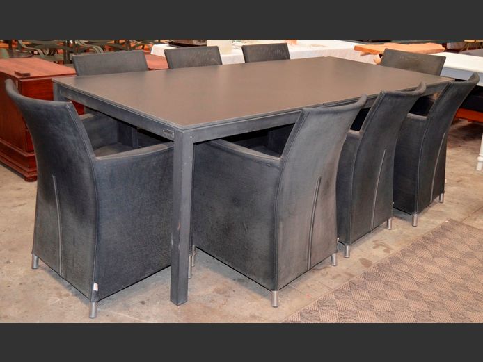 JATI & KEBOL ALUMINIUM DINING TABLE WITH 8 MATCHING CHAIRS, 220 x 101 x 76cm [Chairs sun bleached]