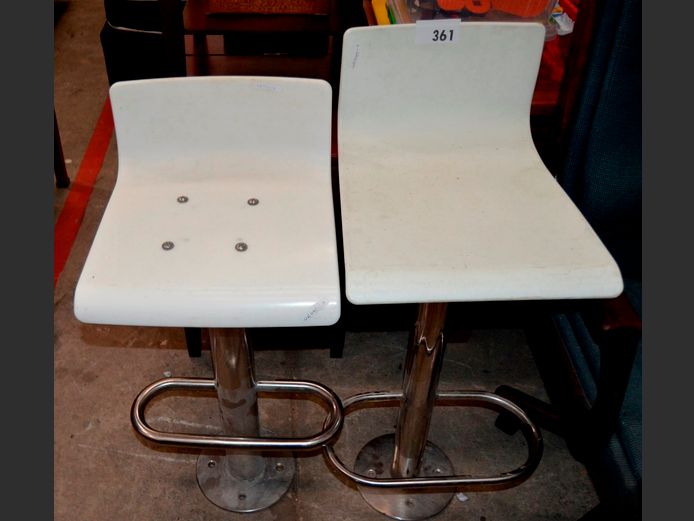 LOT OF 2: WHITE PLASTIC & STAINLESS STEEL FLOOR MOUNT BAR CHAIRS, 68cm High