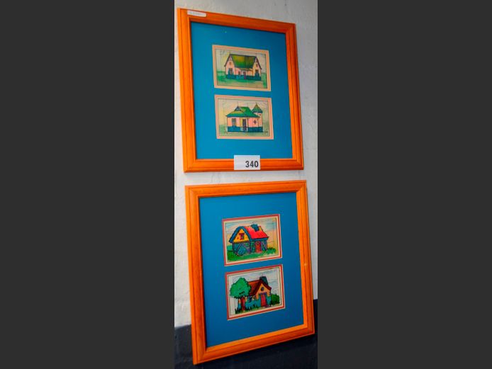 PAIR FRAMED PRINTS "COTTAGES", 14 x 10cm