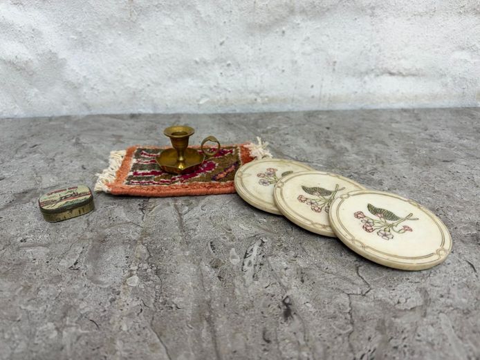 Miniature Brass Chamberstick, Coasters & Vintage Tin