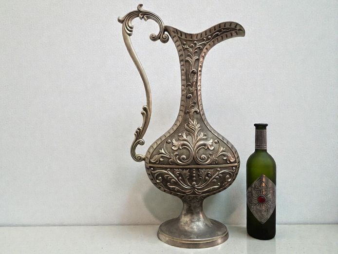 Vintage-Style Embossed Silver-Plated Decorative Pitcher (Ewer)