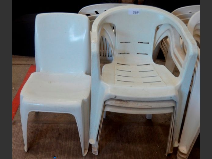 LOT: 4 x WHITE PLASTIC PATIO CHAIRS