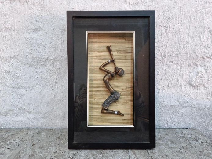 African Shadowbox Wall Art – Kneeling Musician with Horn