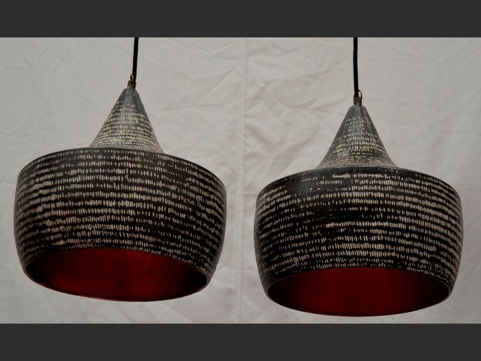 PAIR INDIAN BLACK & WHITE HAND CHIPPED LAMPS, 28cm Diameter x 33cm High