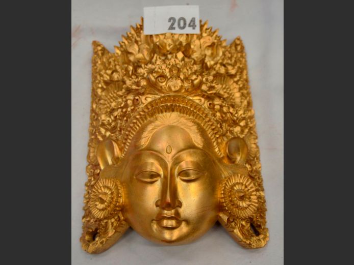 HEAVILY CARVED & GOLD PAINTED INDIAN MASK, 29 x 21cm