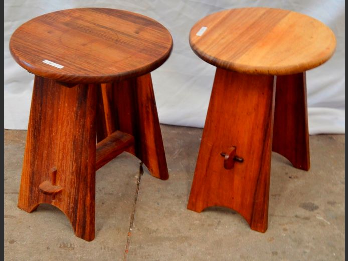 PAIR BLACKWOOD MILKMAID'S STOOLS, 23cm Diameter x 38cm High & 31cm Diameter x 38cm High