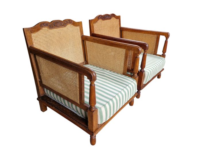 Pair of Edwardian Revival Woven Cane Armchairs