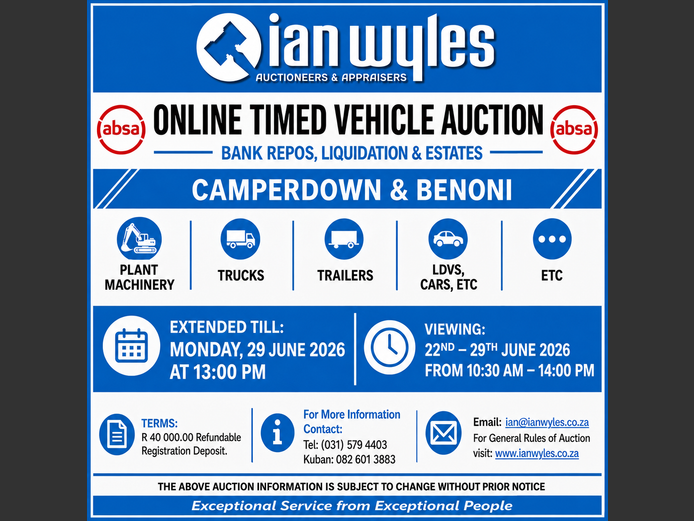 ONLINE TIMED VEHICLE AUCTION - EXTENDED TILL MONDAY, 29 JUNE 2026 @ 13:00PM 
