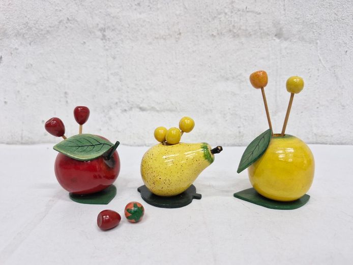 Vintage Wooden Fruit Cocktail Toothpick Pick Holder Set