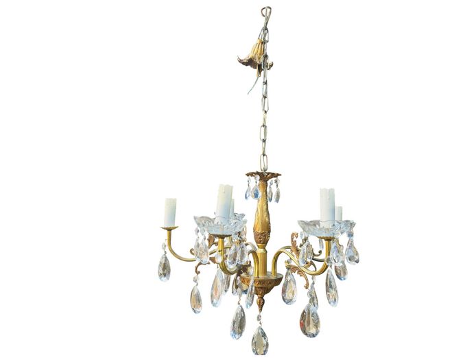 Vintage Brass and Glass Pendant 5-Light Chandelier