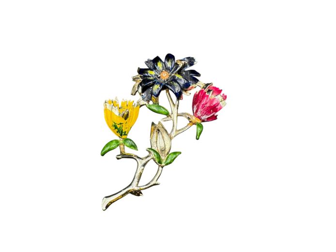 Vintage 1950s "Exquisite" Hand-Painted Enamel Floral Spray Brooch – Signed British Mid-Century Costume Jewelry