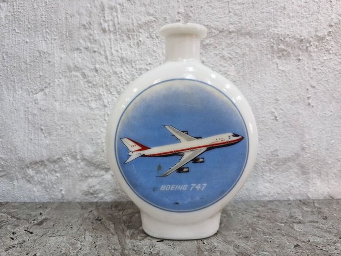 Vintage 1969 J.W. Dant Boeing 747 Commemorative Milk Glass Whiskey Decanter 