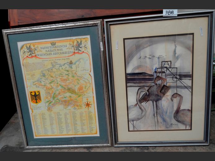 WATERCOLOUR "FLAMINGOES", 54 x 34cm, &  A MAP PRINT, 58 x 40cm [4,5]