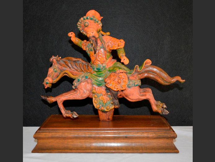ANTIQUE CHINESE GLAZED POTTERY HORSE MOUNTED FIGURINE, 34 x 16 x 33cm