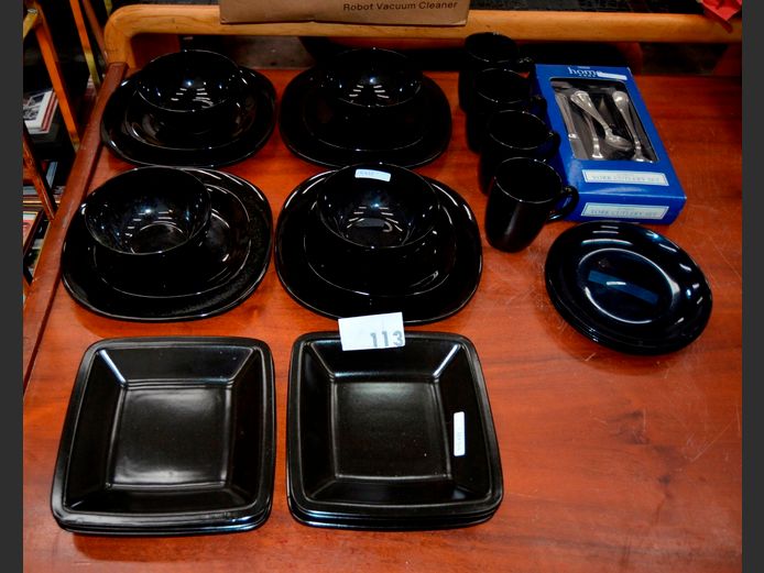 BLACK CERAMIC 16-PIECE BREAKFAST SET, CUTLERY SET, etc
