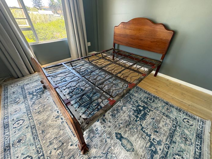 Double bed reinforced steel frame with wooden headboard and foot with mattress