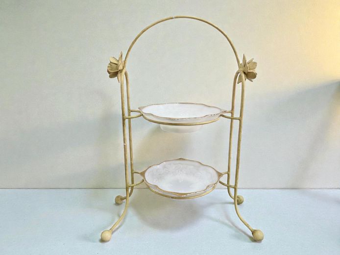 2-Tier Metal Serving Stand with Anchor Hocking Milk Glass Dishes
