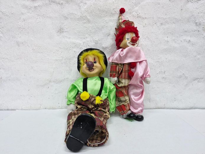 Pair of Vintage Novelty Clown Dolls with Molded Resin Faces