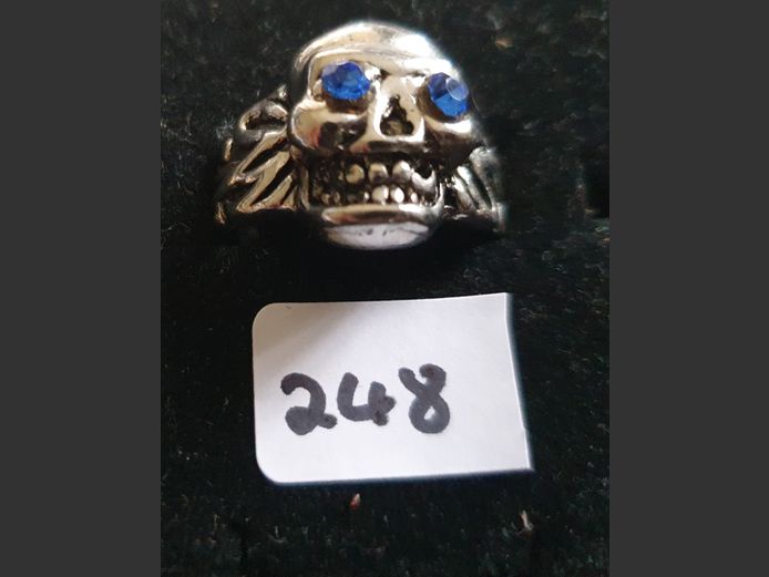 SILVER SKULL DRESS RING WITH BLUE STONES
