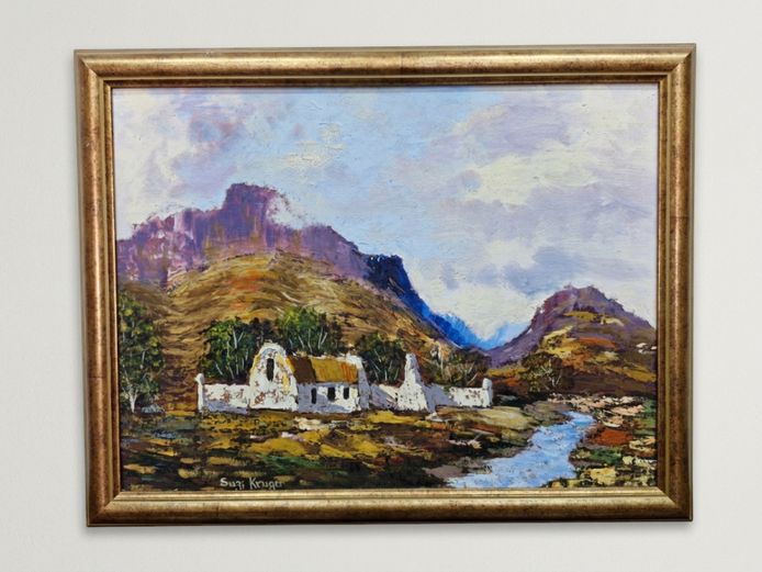 Suzi Kruger Oil on Canvas – Cape Dutch Homestead with Mountain Landscape
