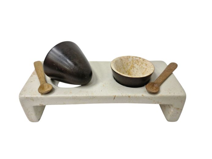 Hand-Carved Kenyan Kisii Soapstone Salt & Pepper Cellar Set with Wooden Spoons