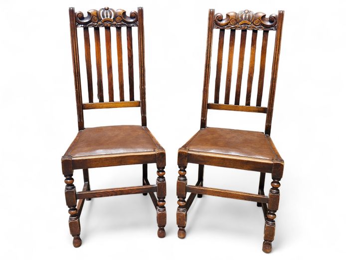 Pair of Antique English Oak Chairs with Carved Crests