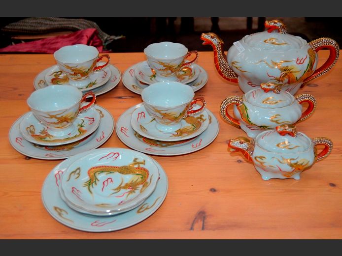 LILAC CHINA DRAGON, HAND PAINTED 19-PIECE PART TEA SET