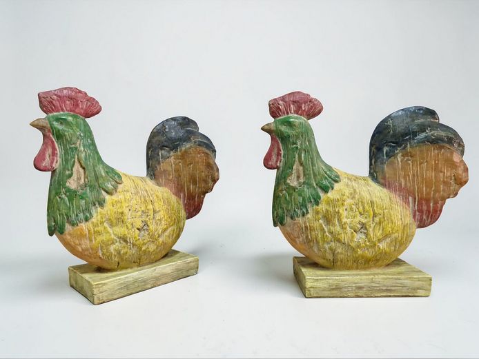 Pair of Hand-Carved Folk Art Wooden Roosters