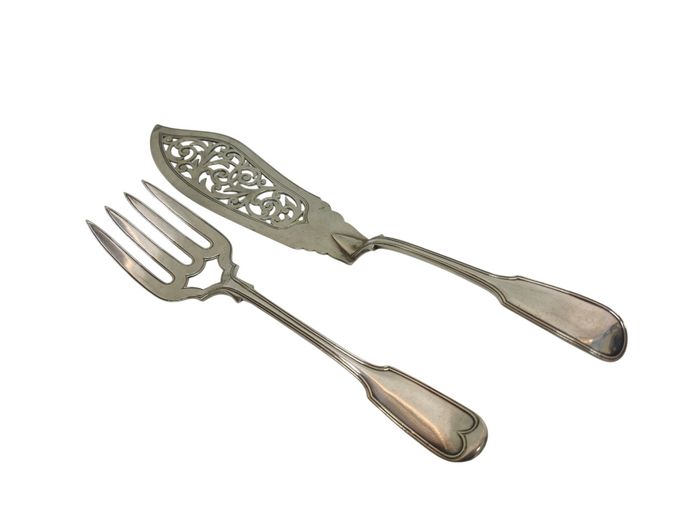 Antique Silver-Plated Pierced Fish Serving Pair