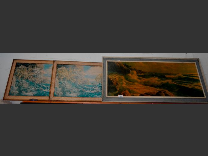 FRAMED OLEOGRAPH "MOUNTAINS" & 2 x FRAMED PRINTS "TREES", 151 x 60cm & 110 x 54cm