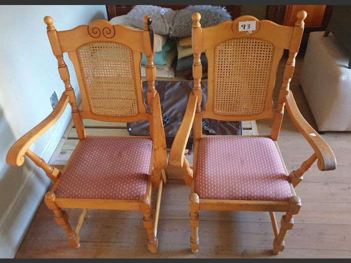 Pair Oak Rattan Back & Upholstered Seat Carvers