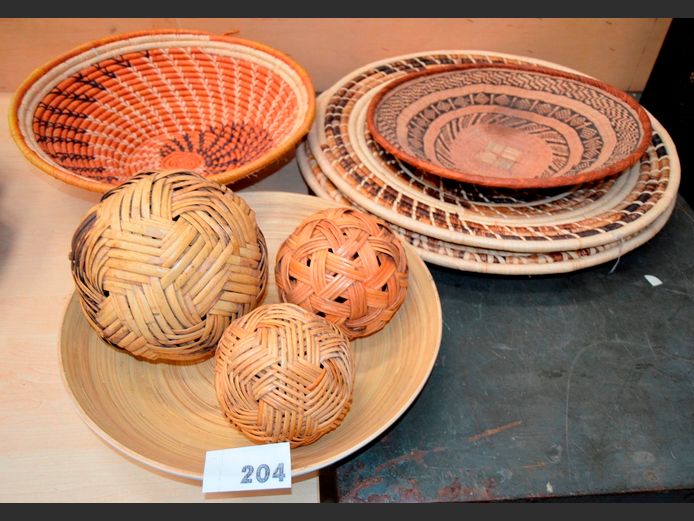 WOVEN FRUIT BOWLS, DECORATIVE BALLS, etc