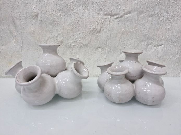 Vintage Ceramic Multi-Neck Ring Bud Vases - Interconnected Cluster Flower Pots
