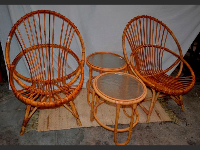 PAIR CANE CHAIRS WITH 2 MATCHING SIDE TABLES, 40cm Diameter x 44cm High