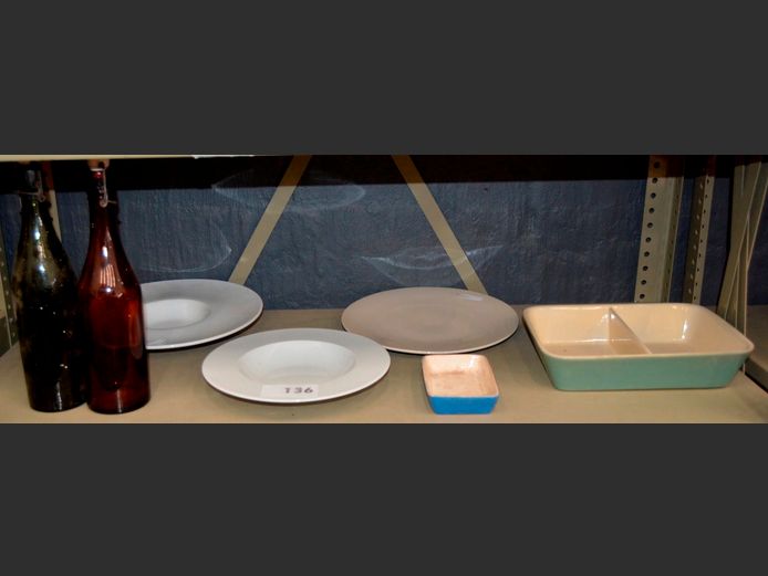 DENBY VEGETABLE DISH, BUTTER DISH, COLLECTABLE BOTTLES, etc