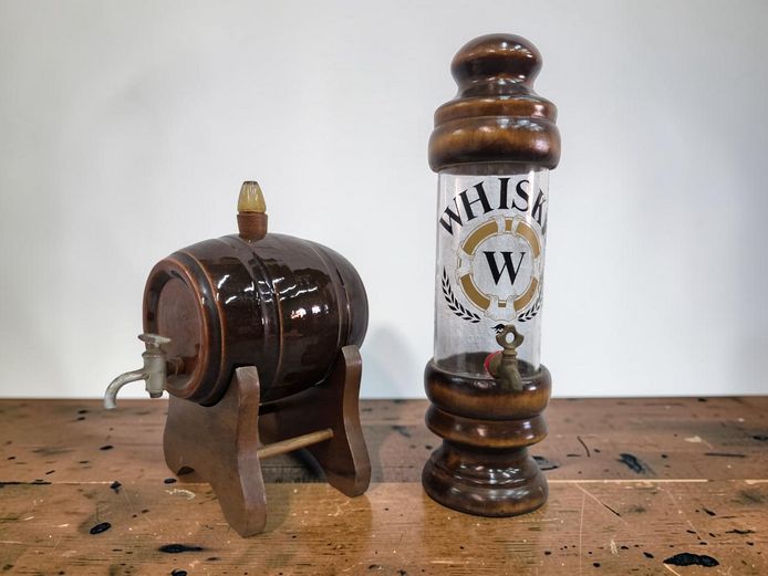 Vintage Ceramic Bar Barrel and Glass Whiskey Decanter