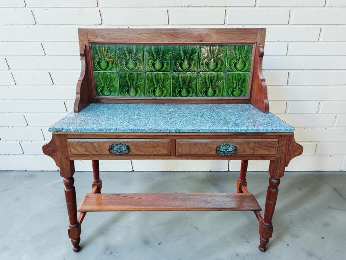 Antique Art Nouveau Tiled & Granite-Top Washstand – Early 20th Century