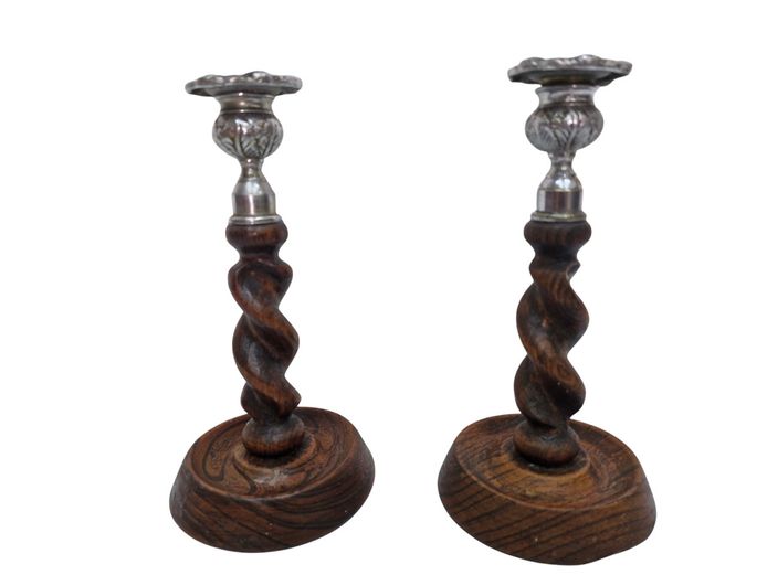Pair of Vintage Barley-Twist Wooden Candlesticks with Silver-Plated Mounts