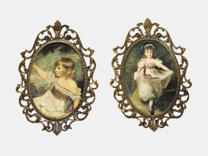 Pair of Vintage Italian Brass Filigree Framed Portrait Silk Prints