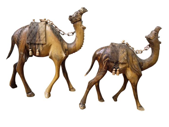 Pair of Vintage Bethlehen Olive Wood Carved Camels